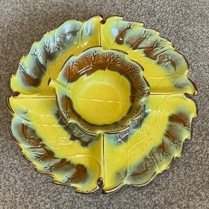 Vintage Leaf-Shaped Ceramic Serving Platter with Center Bowl - Yellow & Brown